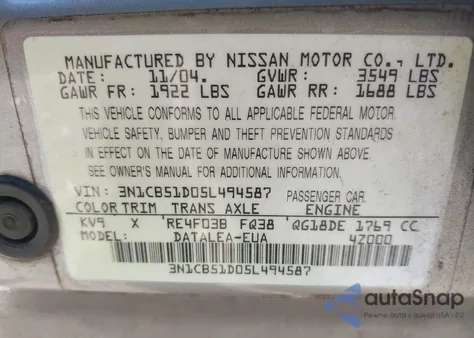 2005 Nissan Sentra 1.8S из США, поврежденный, VIN 3N1CB51D05L494587